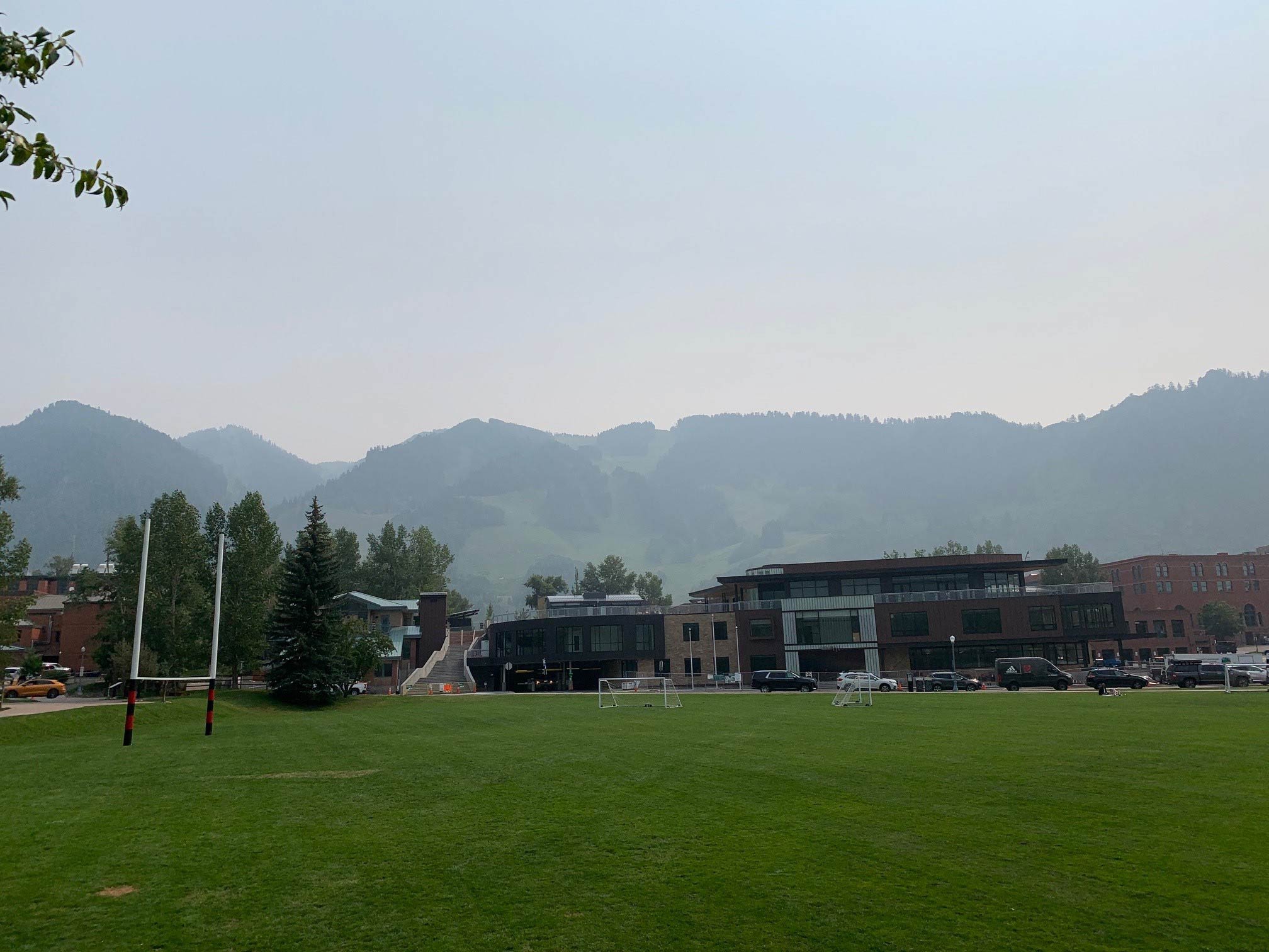 image of aspen mountain with hazy skis from wildfire in the summertime