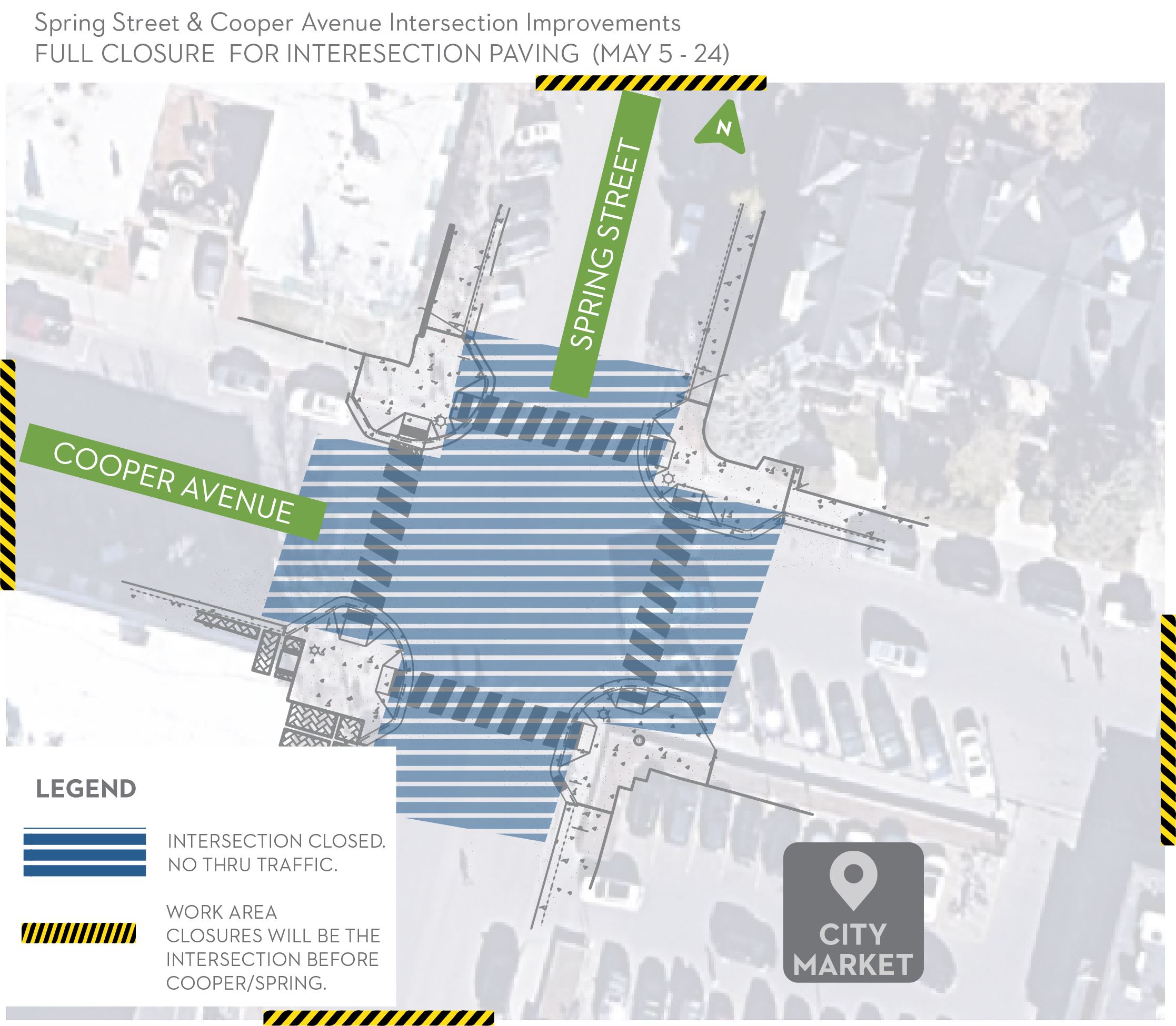 A map of the intersection at Spring Street and Cooper Avenue showing that the intersection is closed